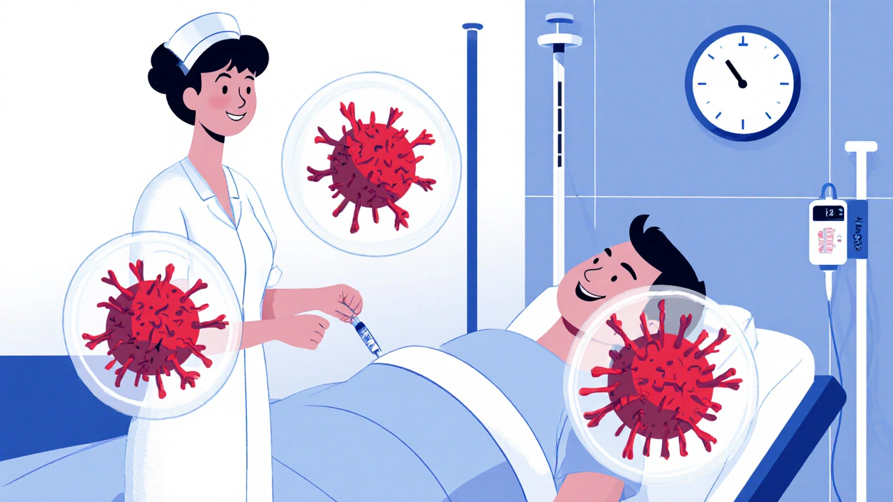 Patient receiving IVIG infusion in hospital, with abstract antibodies protecting nerves.