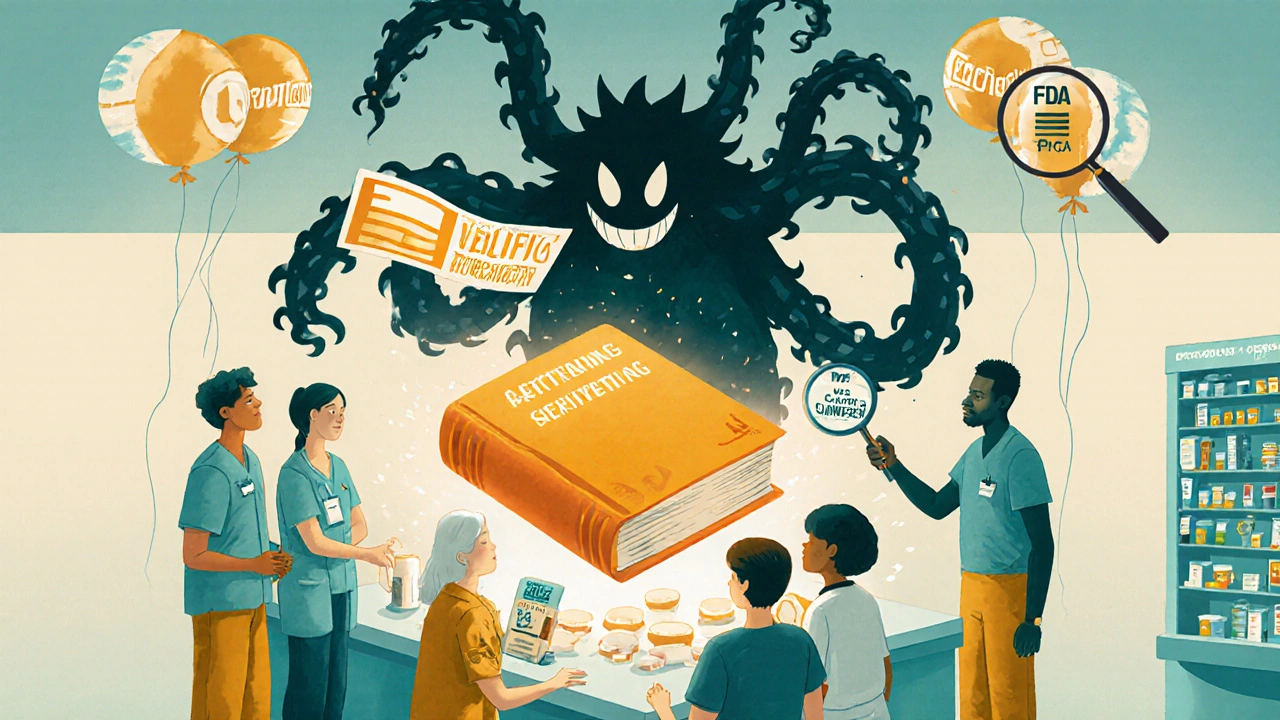 Patients and pharmacists around floating Orange Book as patent monster shrinks