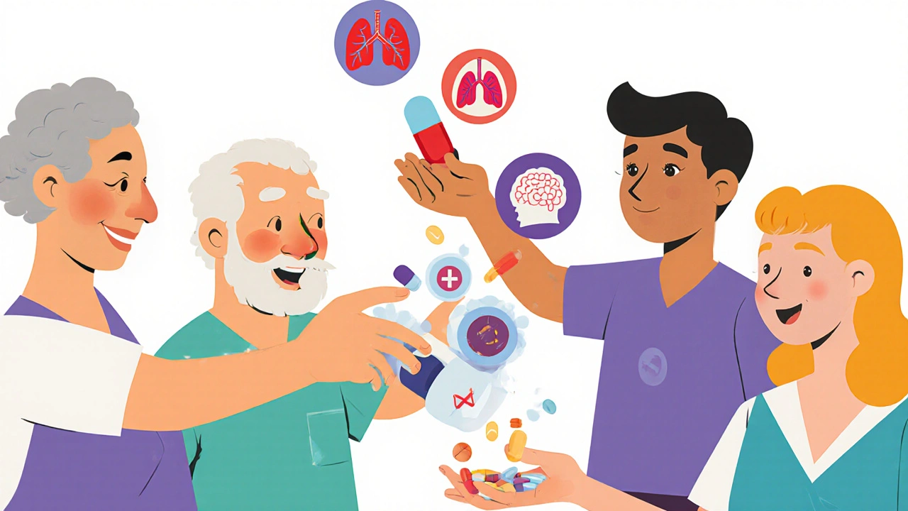 Patients holding one combination pill instead of many separate pills, with health symbols dissolving into it.