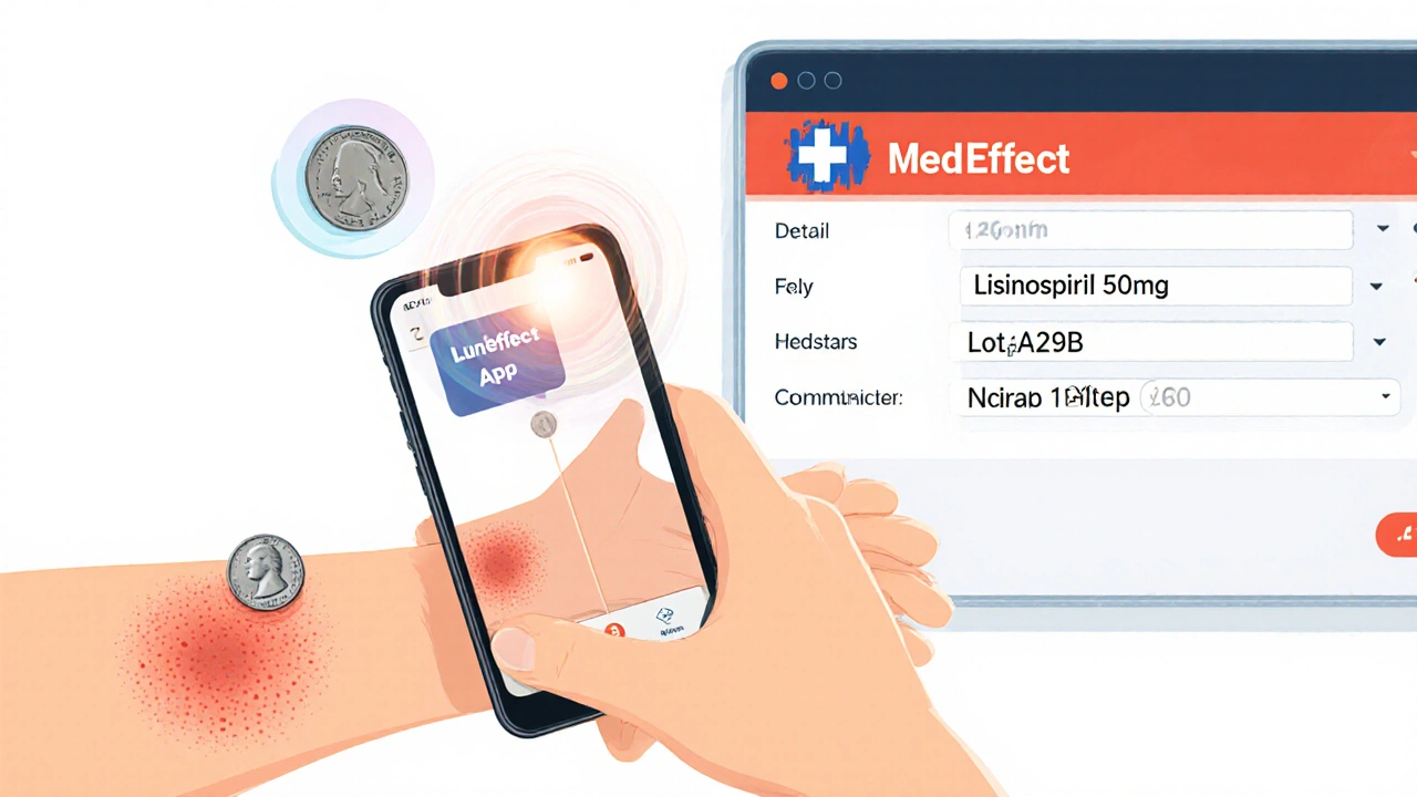 Person taking a photo of a rash with a coin for scale using a smartphone and app icon.