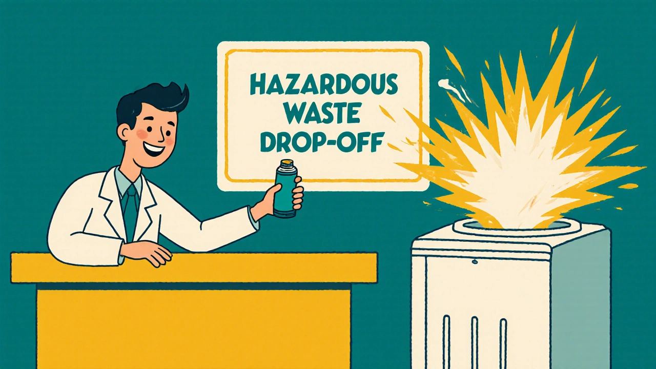 Pharmacist accepting an expired inhaler at a drop-off center with hazardous waste signage in background.
