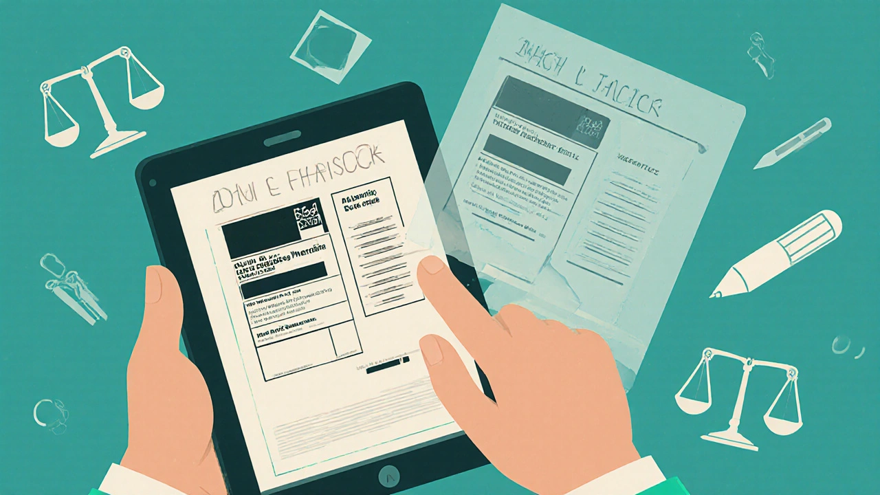 Pharmacist comparing updated drug warning labels with faded pre-2016 version.