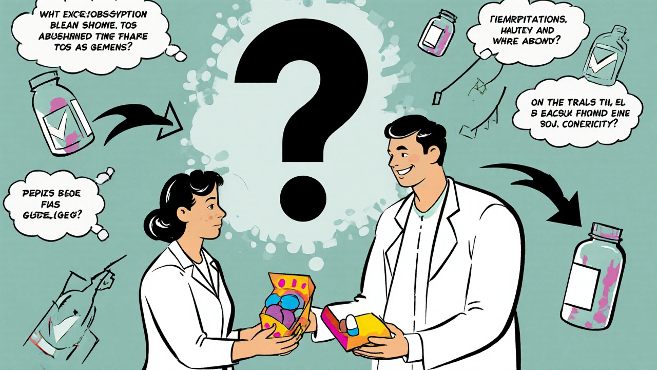 Pharmacist gives generic pill to patient as absorption curves transform from question mark to checkmark.