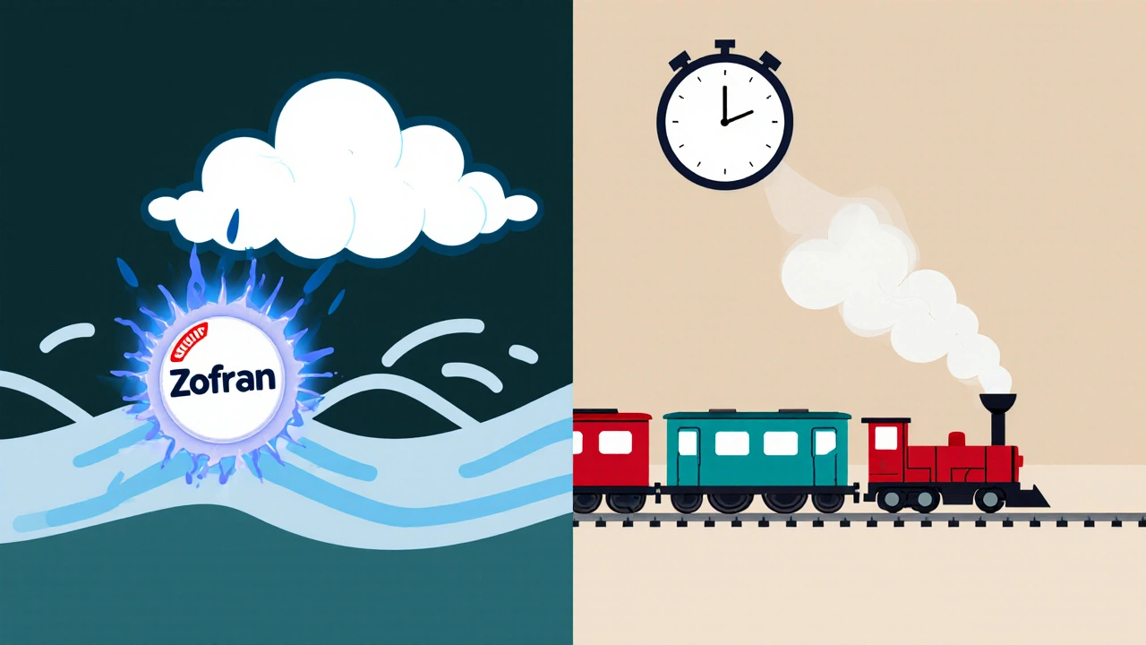 Split illustration comparing Zofran blocking nausea clouds versus metoclopramide speeding up stomach digestion.