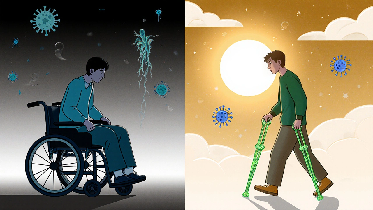 Split image showing recovery from wheelchair to walking with crutches over time.