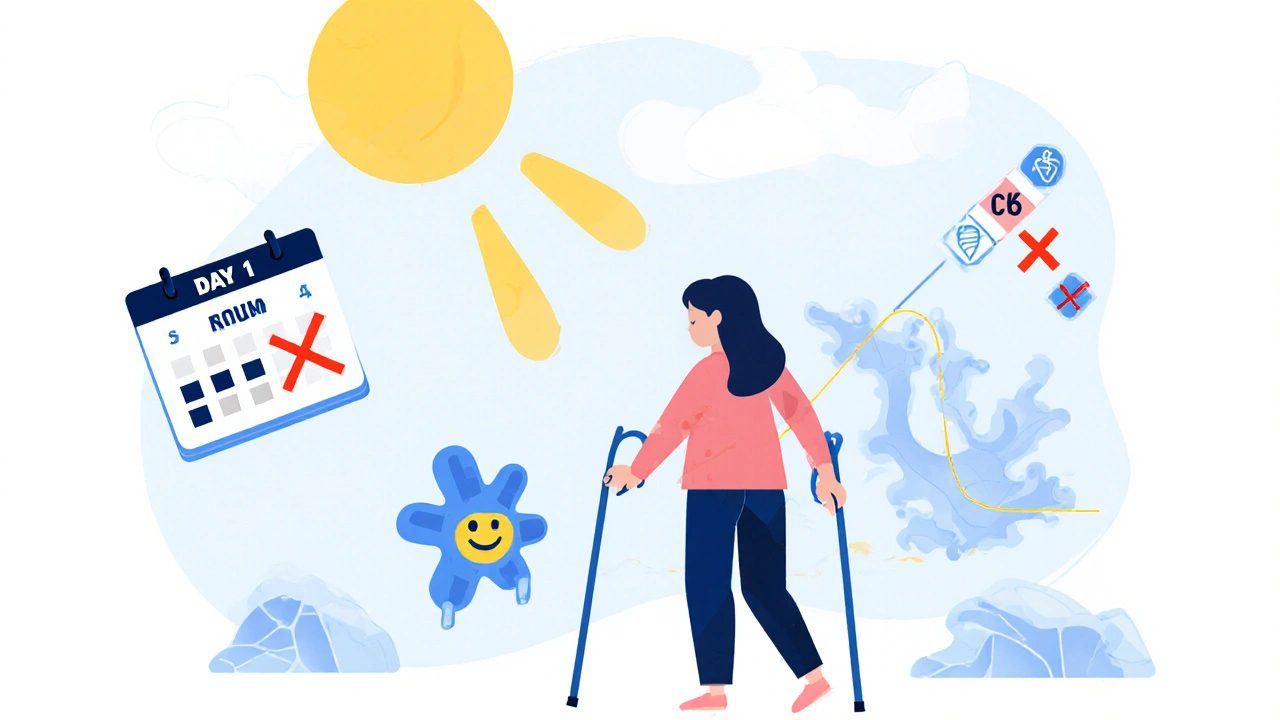 Survivor standing with crutches as muscle stiffness melts away and dopamine molecules glow