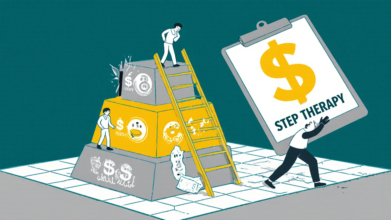 Tiered formulary ladder showing increasing drug costs from generic to specialty, with patients reacting at each level.