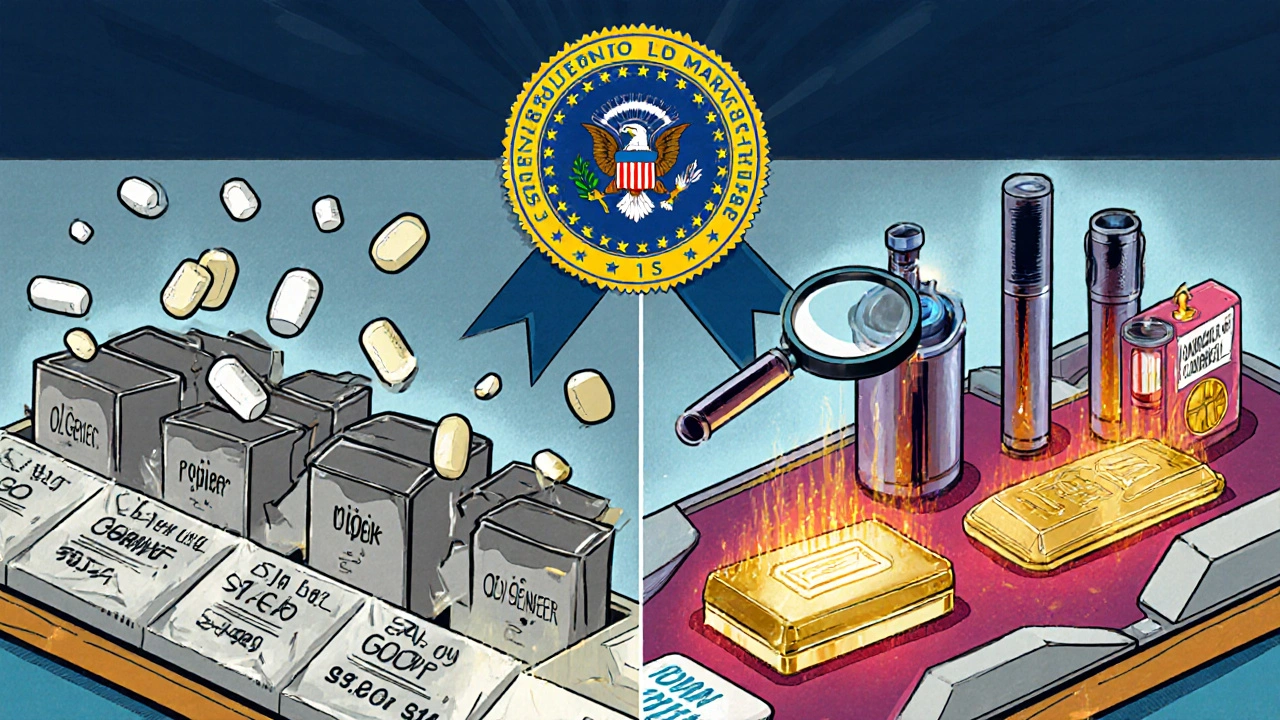 Two factory lines: old generic pills vs. high-tech combination products, watched by a magnifying FDA seal.