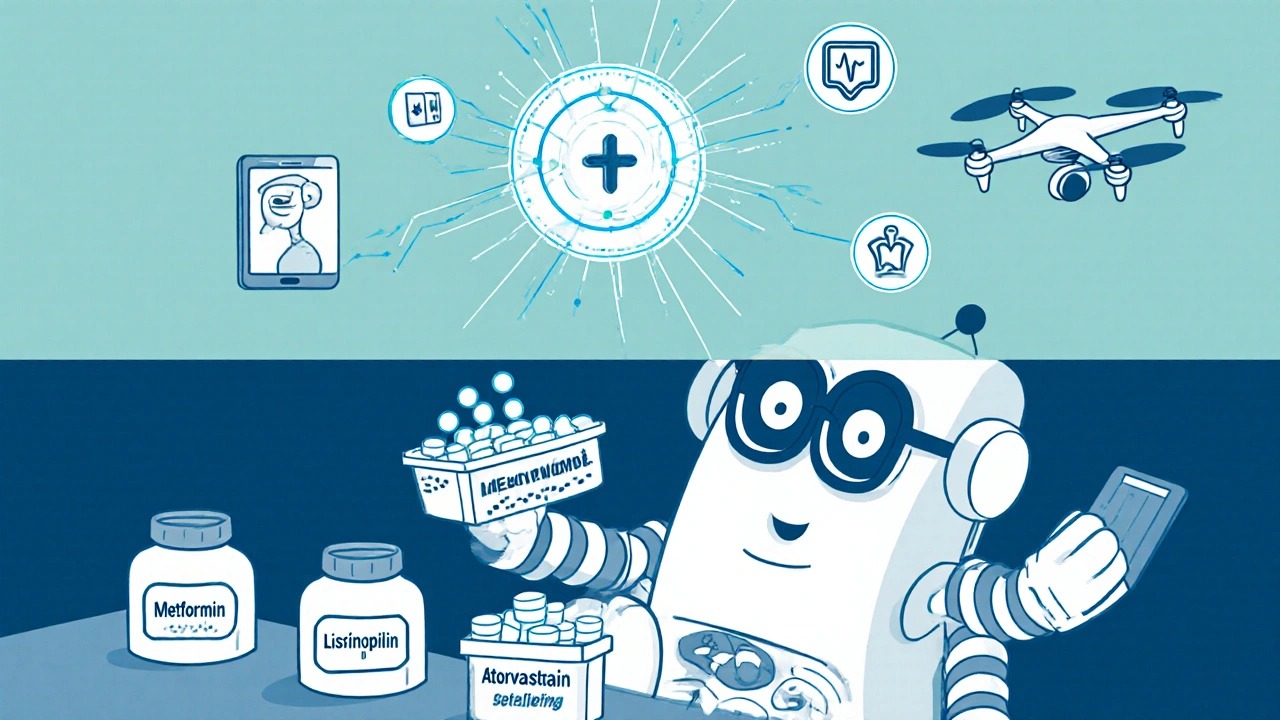 Whimsical AI robot sorts generic pills while connected to medical and delivery systems.