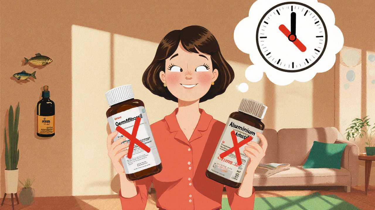 Woman holds gemfibrozil and antacid bottles with a visual cue to take them two hours apart.