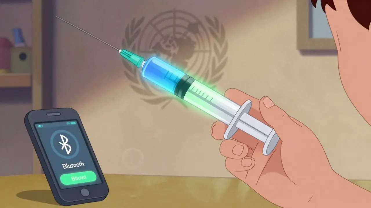 A color-changing oral syringe turning green at the correct dose, with a smartphone showing a dose reminder notification.