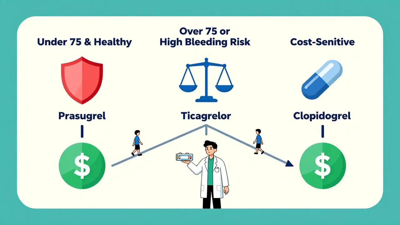 A decision tree showing three antiplatelet drugs chosen based on patient age, risk, and cost, with tiny patient figures walking each path.