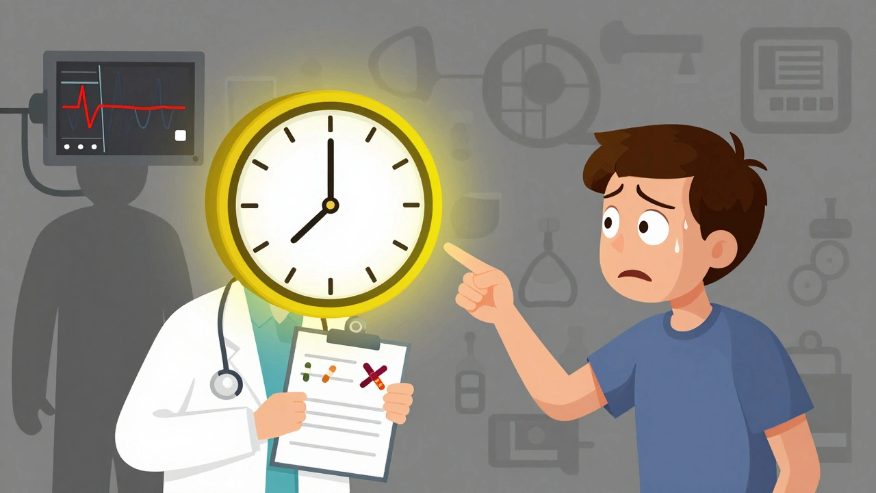 A doctor crossing out dangerous pills while a patient looks worried, with a flatlining monitor in the background.