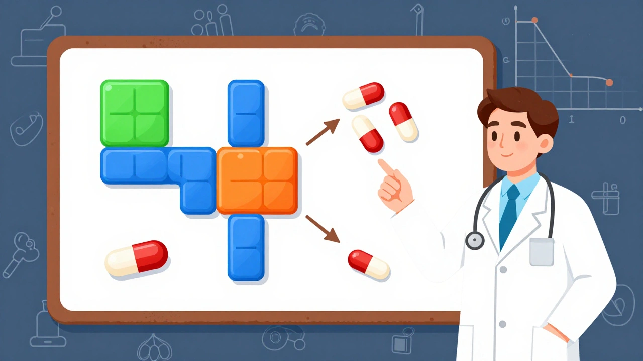 A doctor points to a chart of generic blood pressure combo pills versus individual pills.