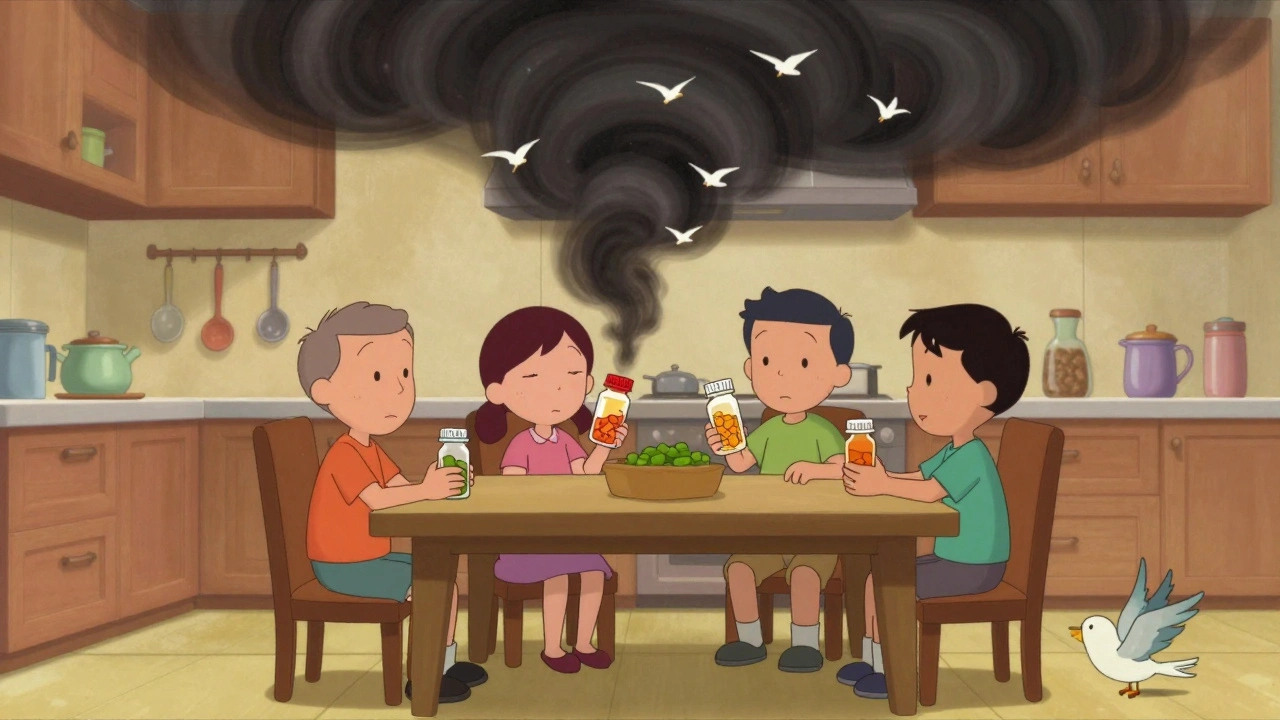 A family at the kitchen table, pills pulling oxygen birds from the air, one bird struggling to stay aloft.