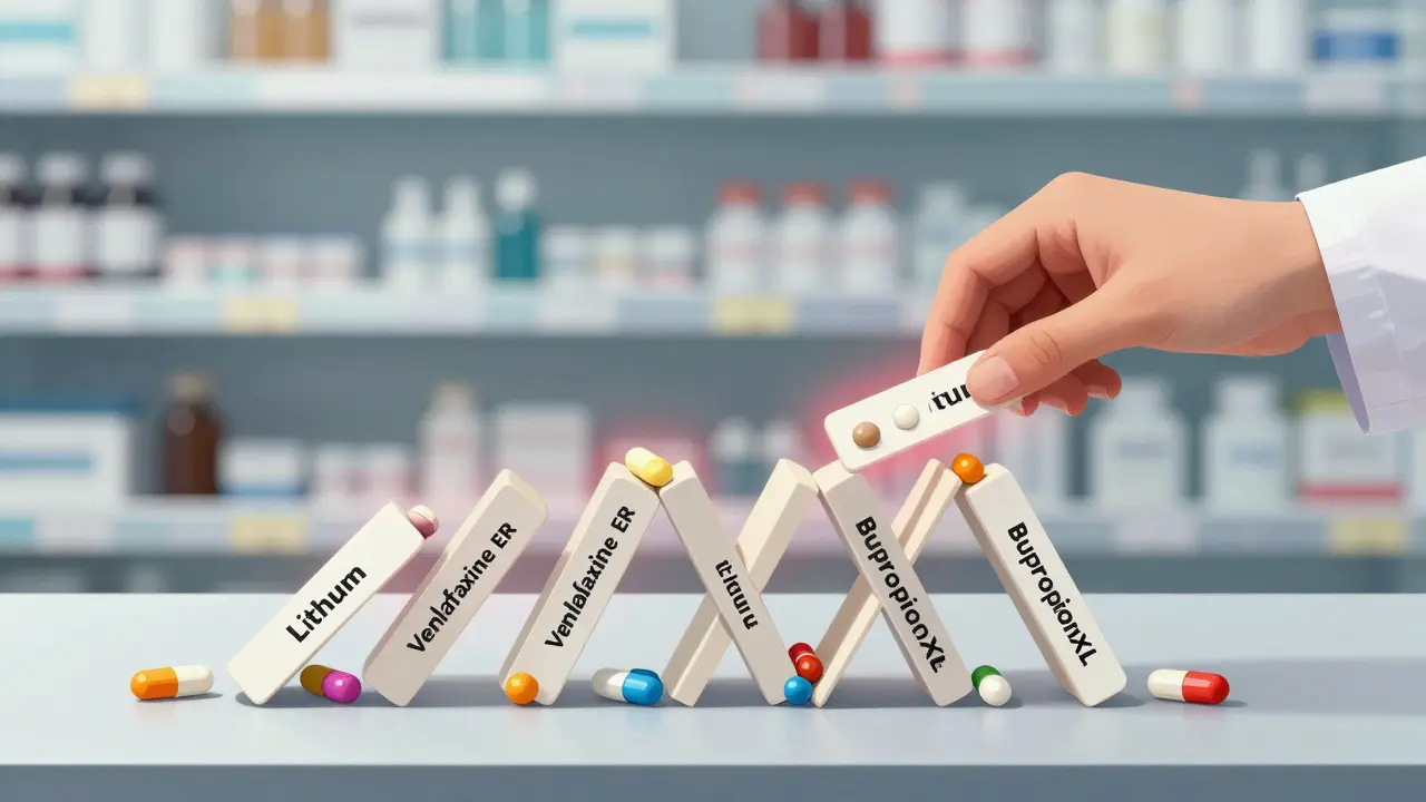 A house of pill cards collapsing as a pharmacist swaps one, set against a pharmacy shelf in UPA cartoon style.
