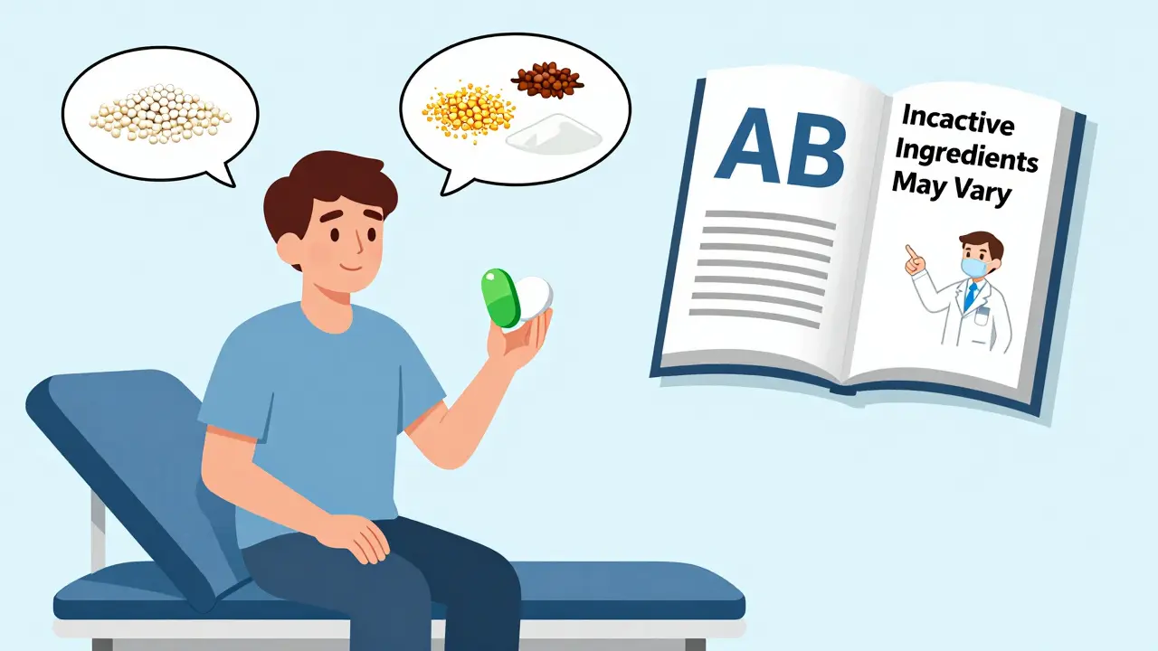A patient holds two different generic pills, with inactive ingredients floating around them and an FDA 'AB' rating visible.