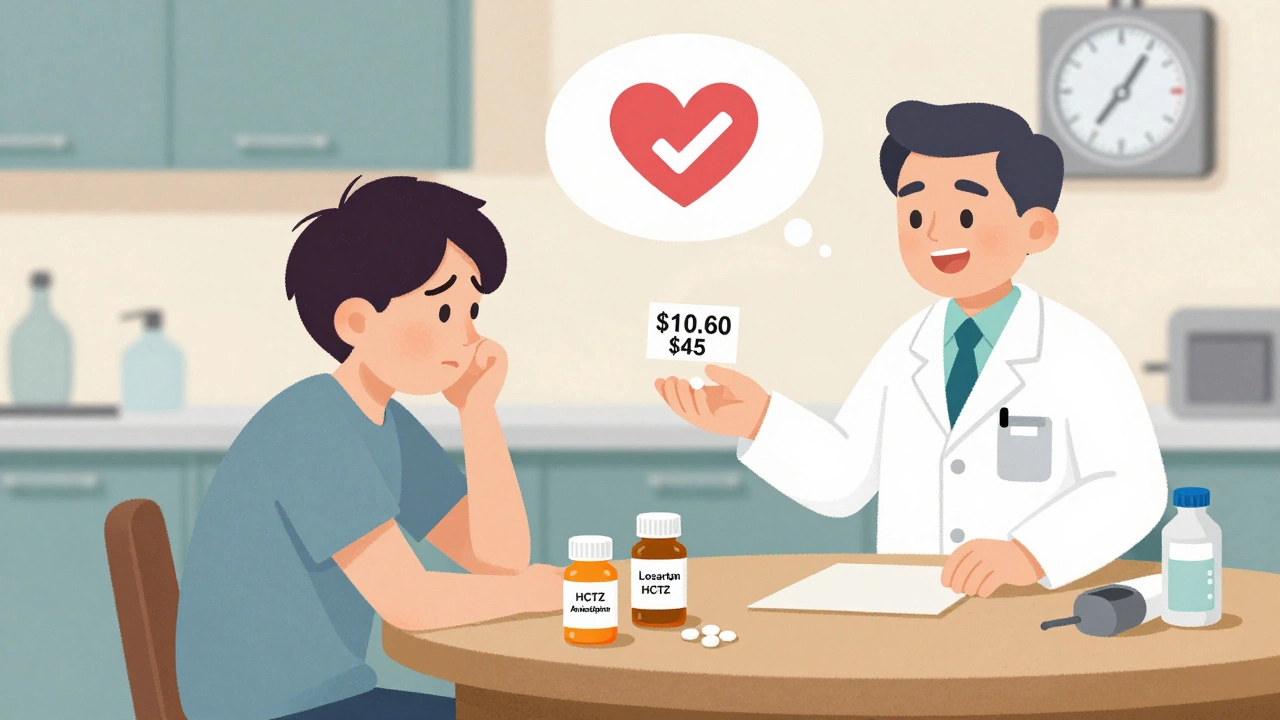 A patient receives a low-cost combo pill from a pharmacist, surrounded by expensive separate pills.