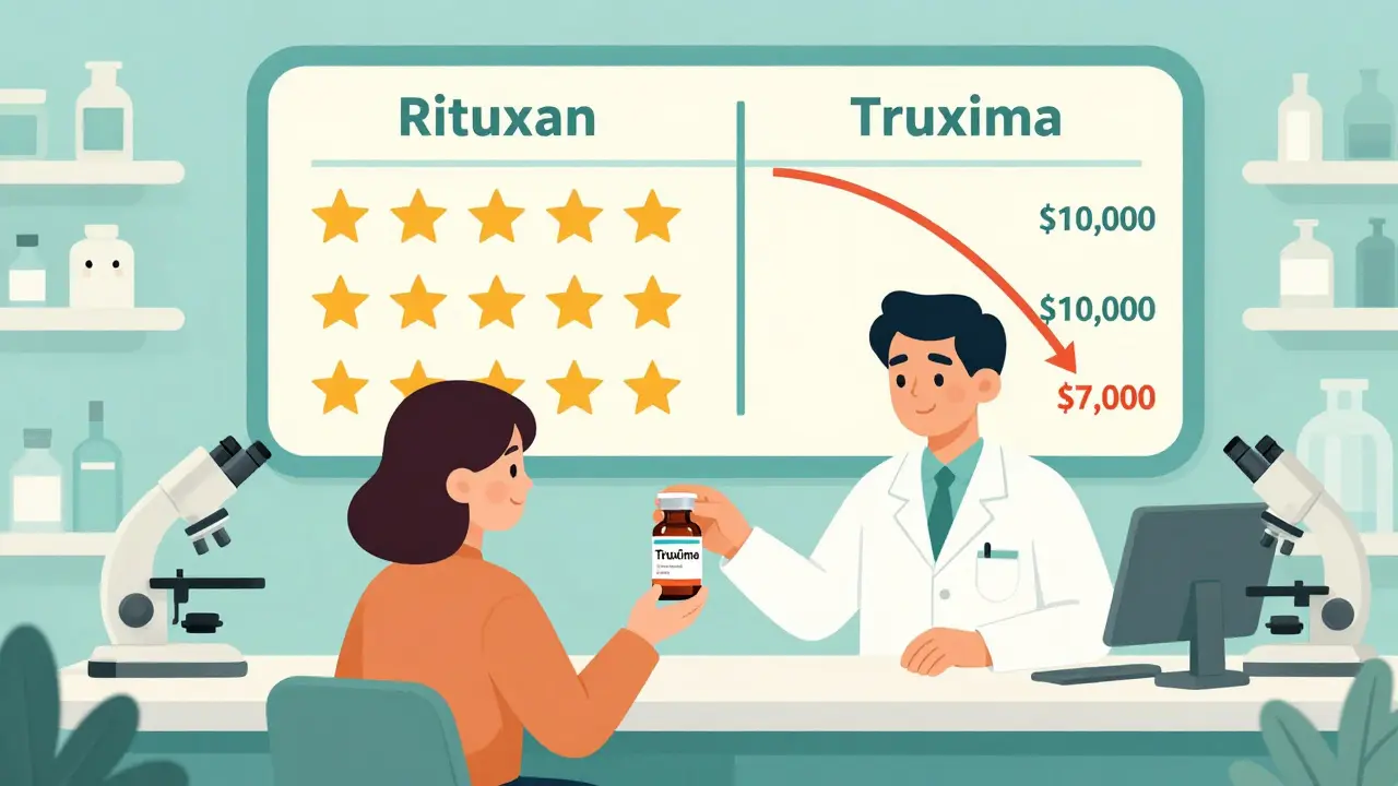 A pharmacist giving a biosimilar drug to a patient with a price comparison chart in the background, UPA illustration style.