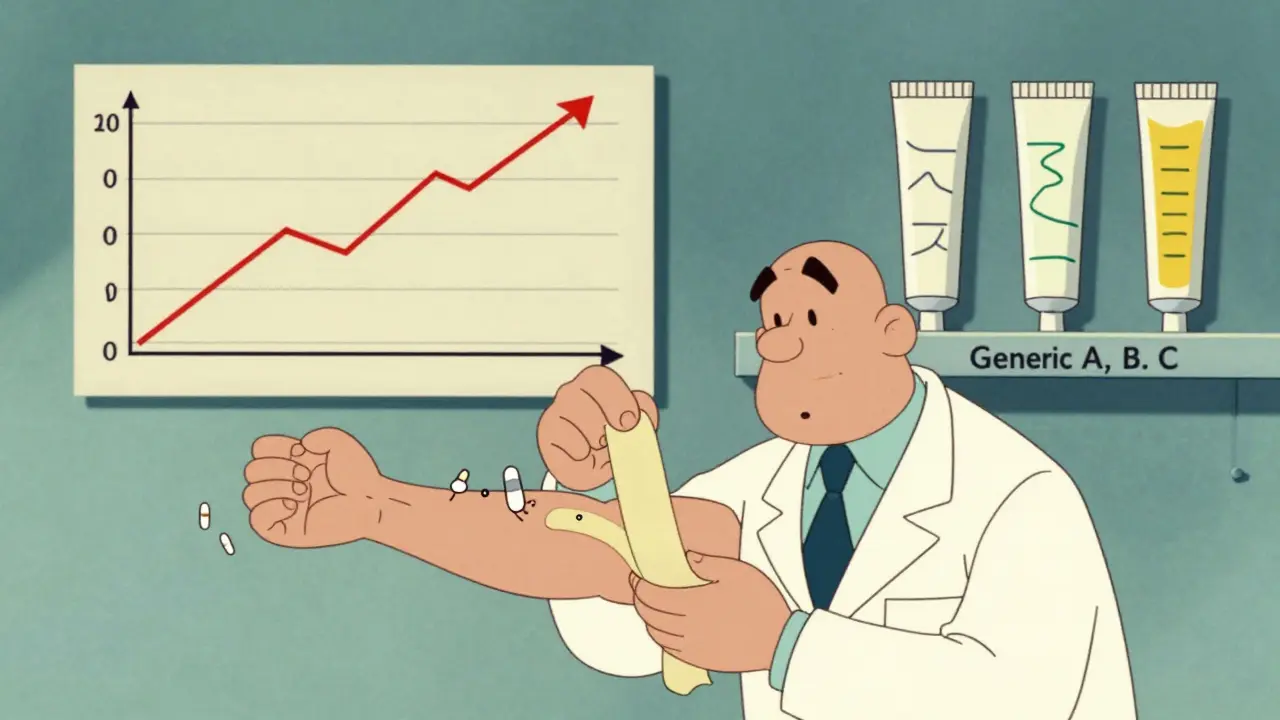 A scientist using tape to strip skin layers while drug molecules cling unevenly to each strip.