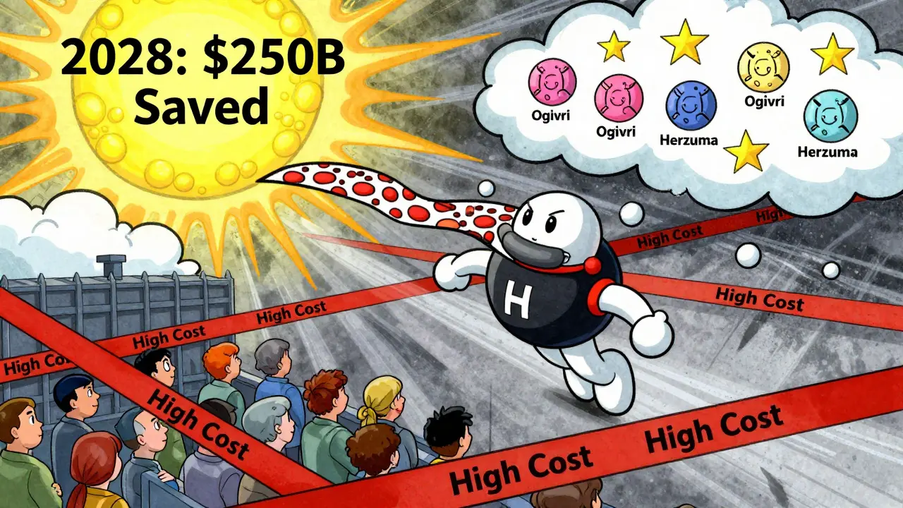 A superhero biosimilar molecule rescuing patients from high costs, with six breast cancer biosimilars shining in the sky, UPA cartoon style.