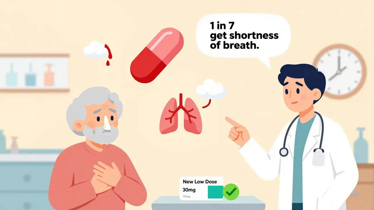 An elderly patient with breathing difficulties, surrounded by floating icons of shortness of breath and a low-dose ticagrelor pill.