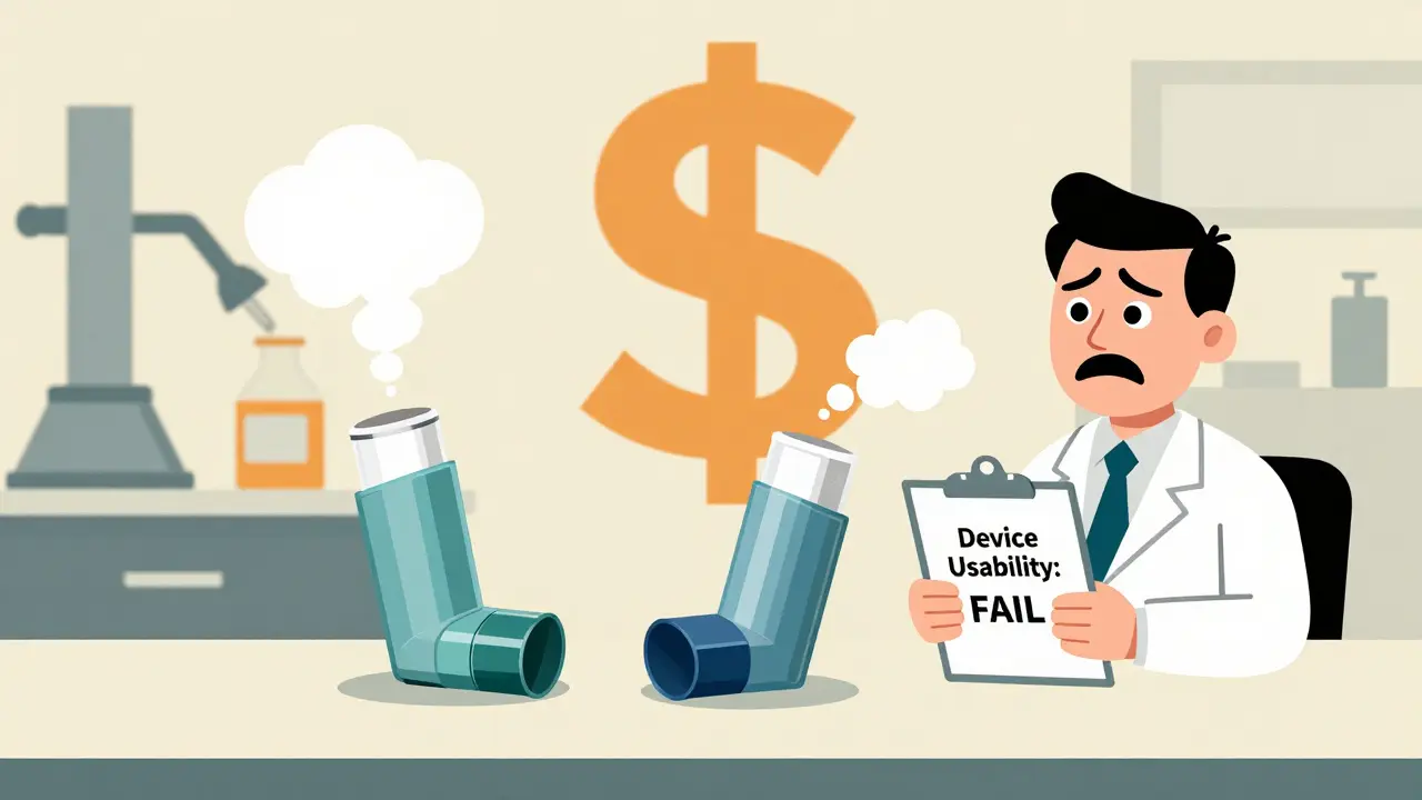 An inhaler and injector with faces, one releasing perfect clouds, the other misshapen puffs, beside a frustrated inspector.