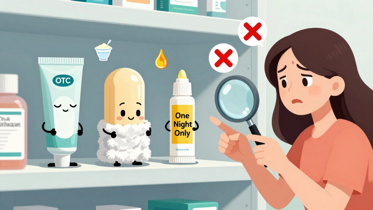 Anthropomorphic OTC antifungal products on a shelf with warning icons, UPA cartoon style.