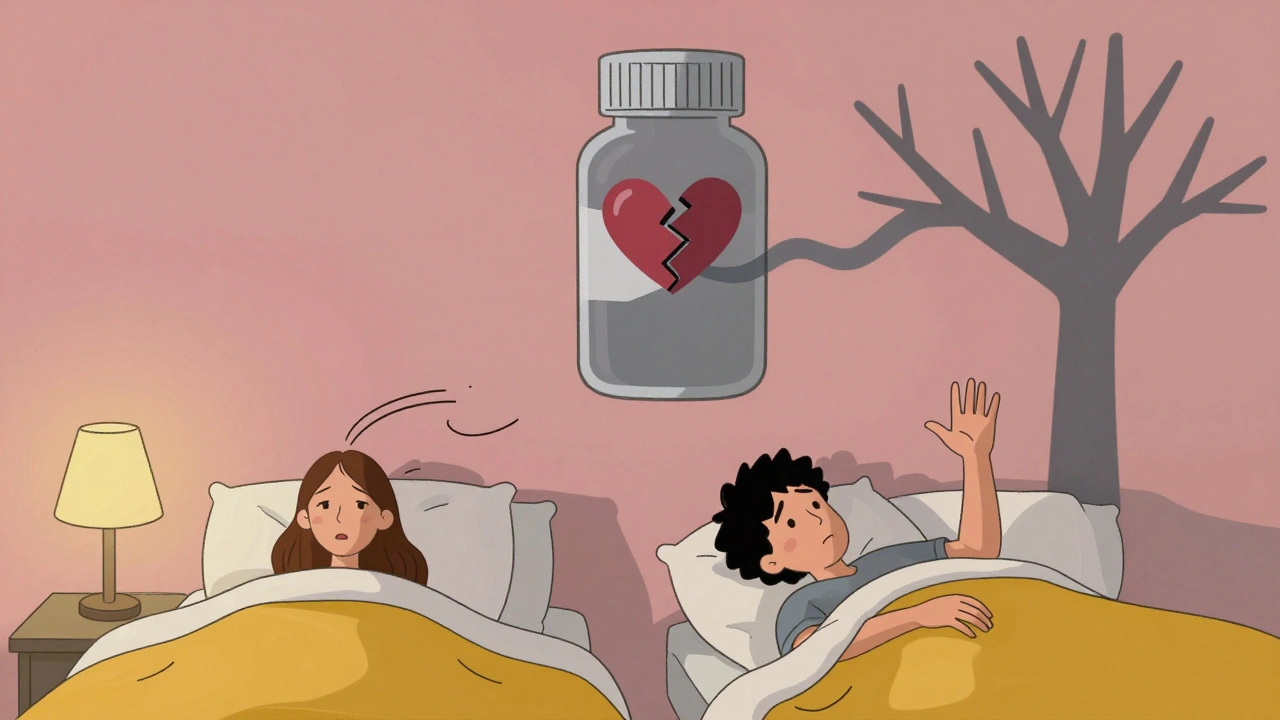 Couple in bed back-to-back with a pill bottle casting a shadow of a broken heart.