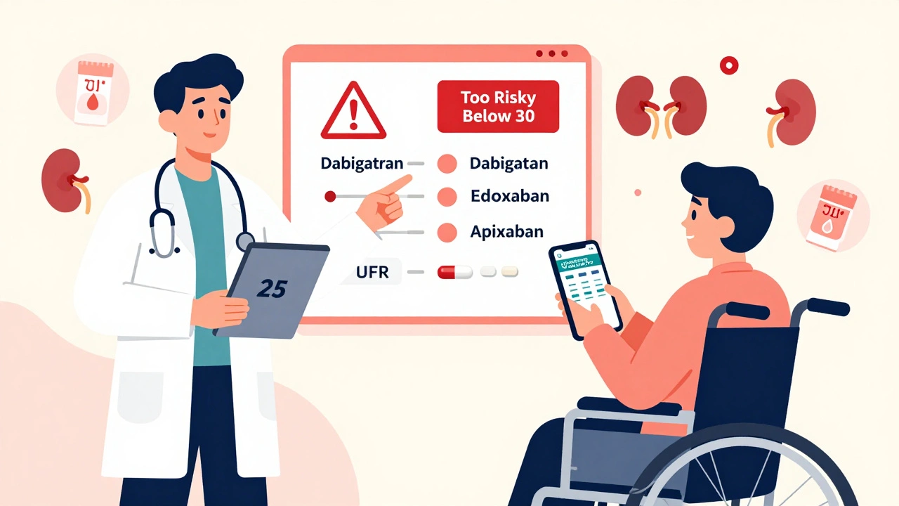 Doctor explains kidney meds with eGFR chart, patient using app, warning signs on risky drugs.