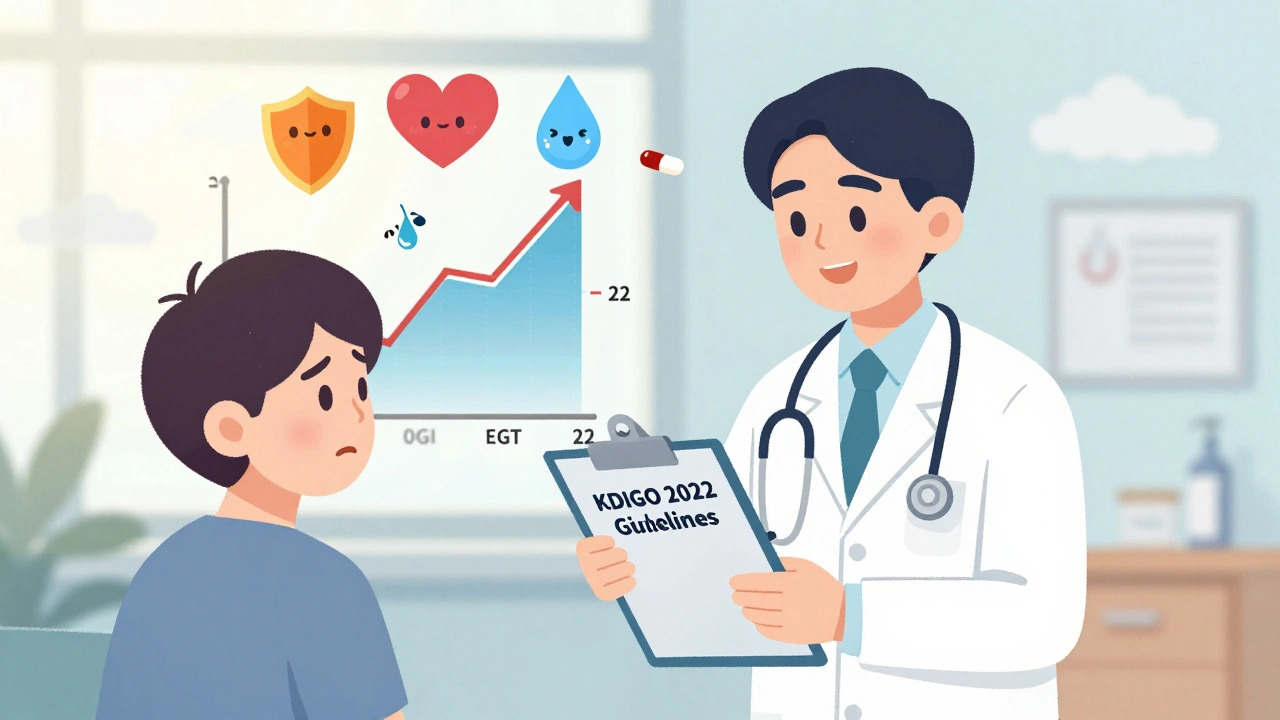 Doctor reassuring patient with kidney protection graph and SGLT2 inhibitors floating nearby