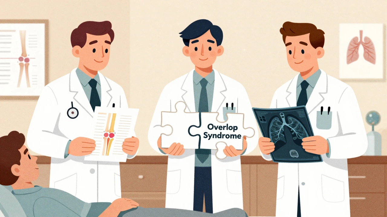 Doctors on either side of a patient, with a care coordinator placing the final puzzle piece labeled &#039;Overlap Syndrome&#039;.