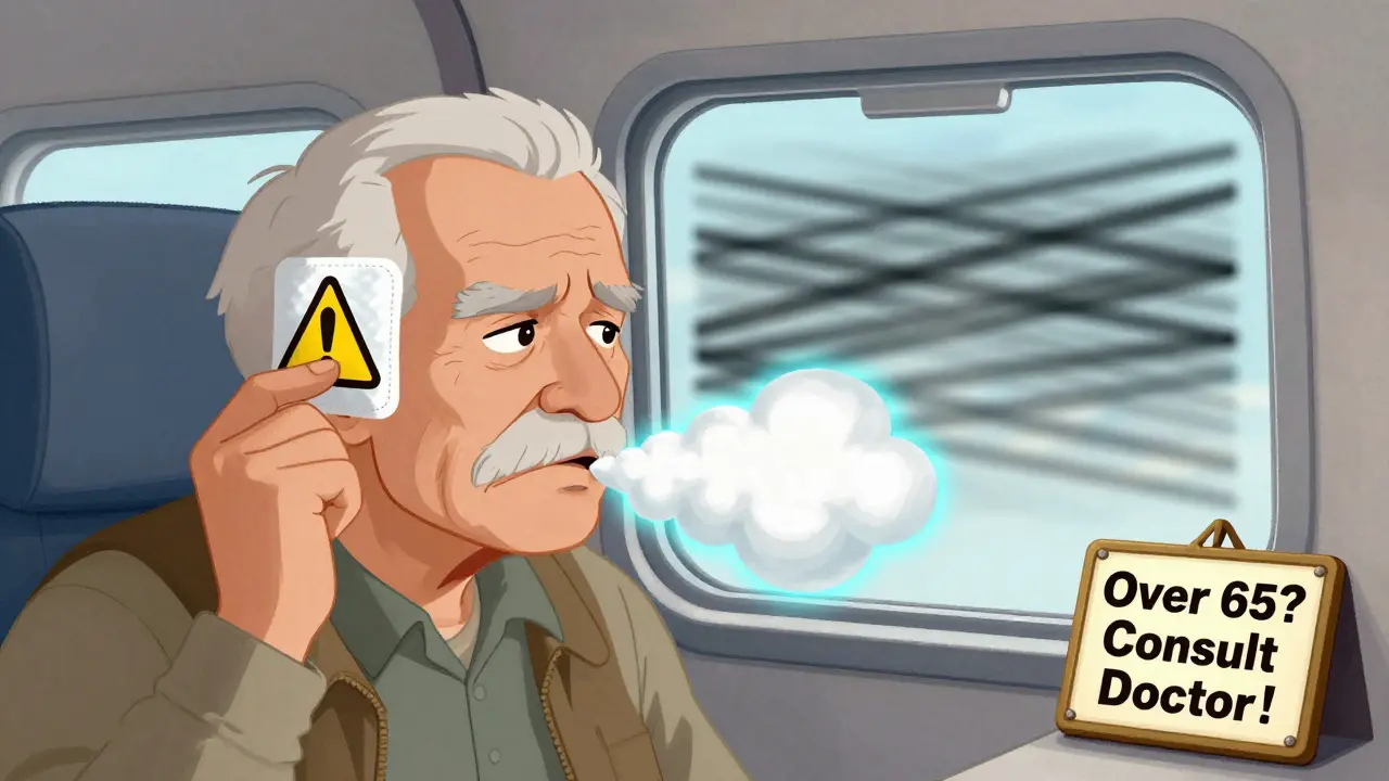 Elderly person applying scopolamine patch with warning symbols and dry mouth clouds.