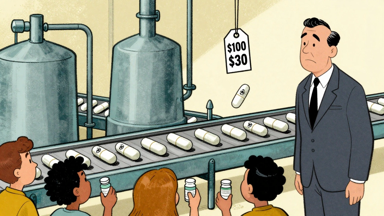 Factory conveyor producing identical pills with and without brand labels, price tag dropping.