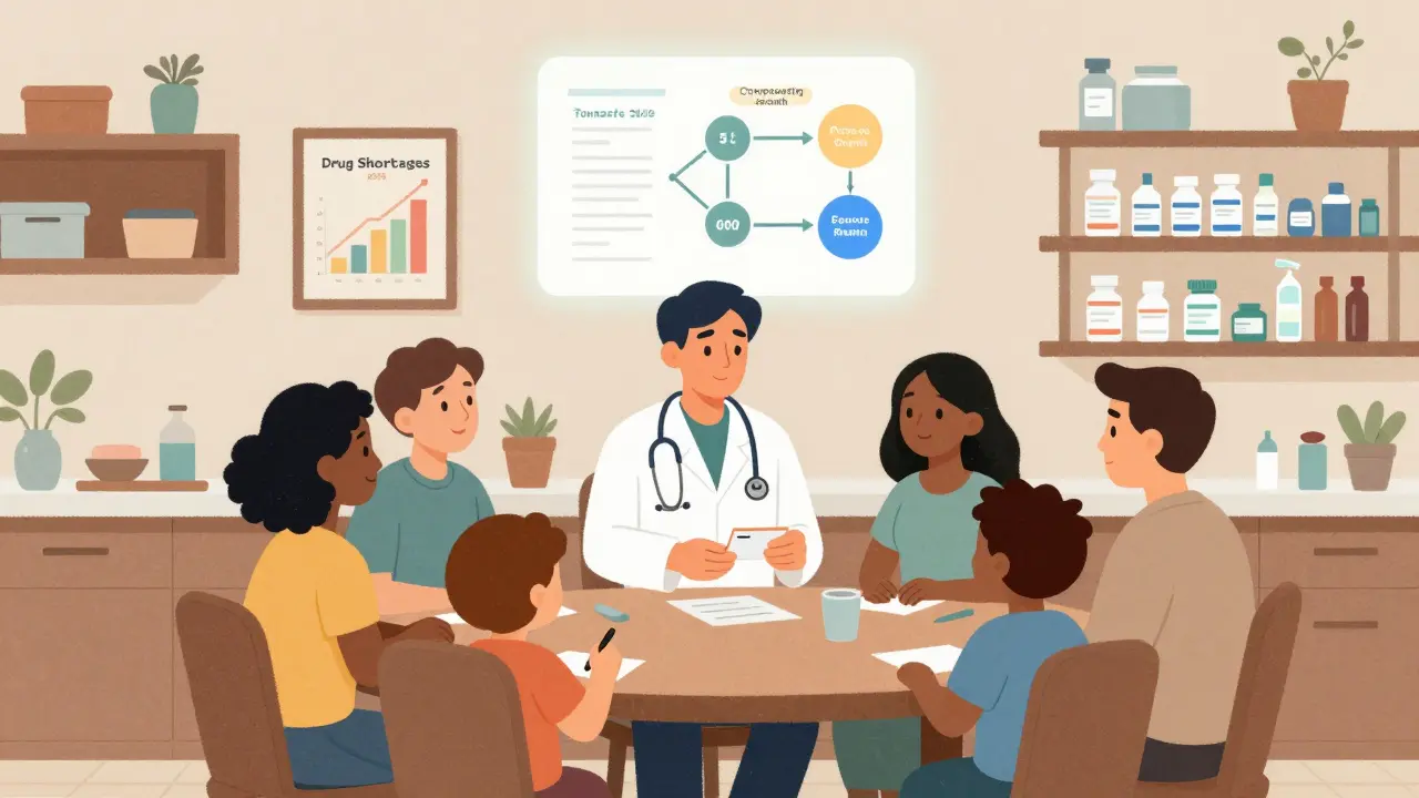 Family receives prescription as flowchart shows journey to compounded medication.