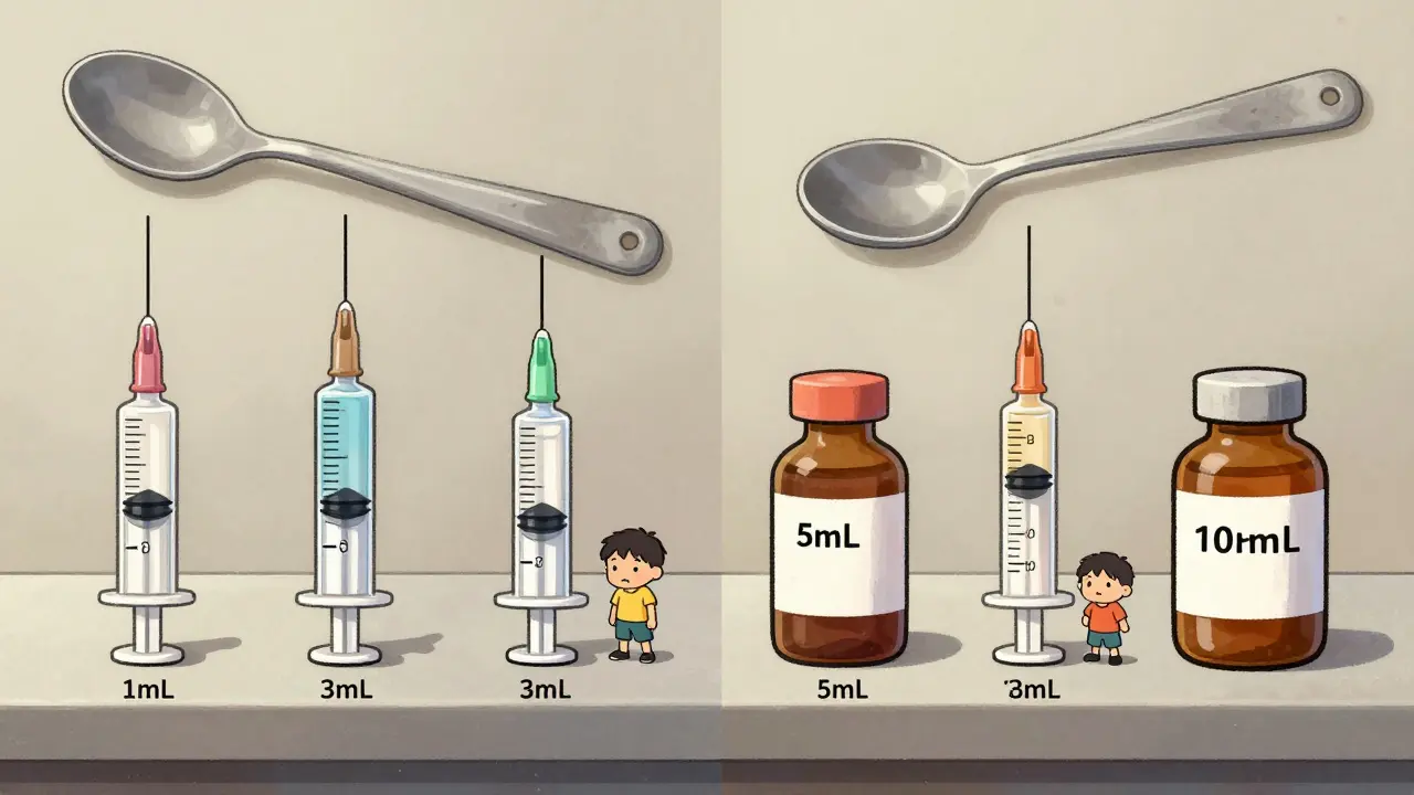 Four oral syringes of different sizes next to a medicine bottle, with oversized kitchen spoons fading away in the background.