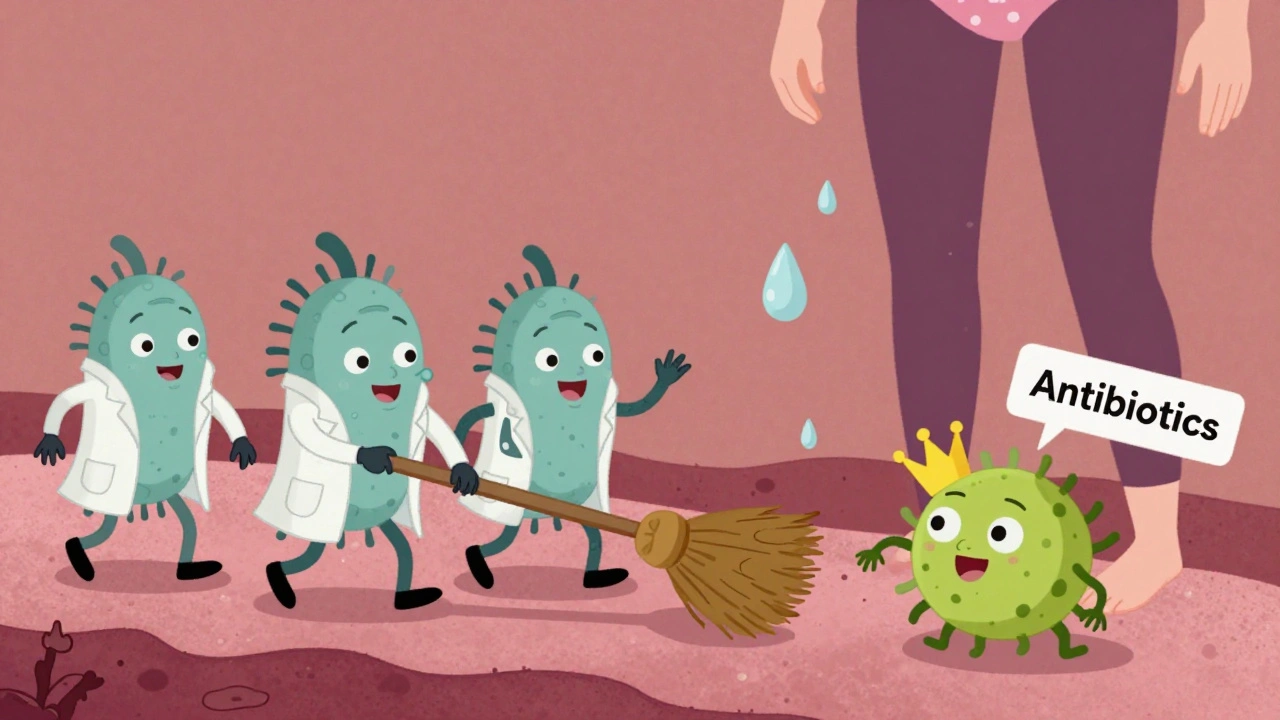 Lactobacillus bacteria fighting yeast in a stylized vaginal ecosystem, UPA cartoon style.