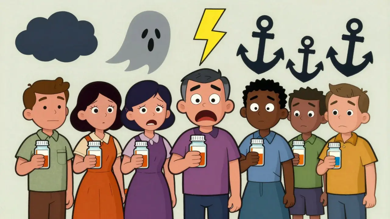 Multiple patients with different emotional reactions to identical pills, surrounded by abstract mood symbols in UPA animation style.