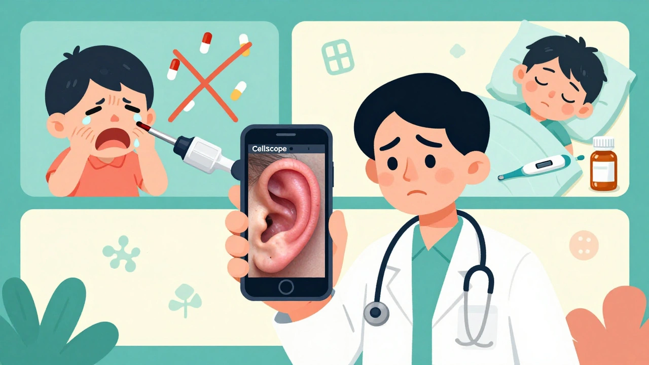 Parent and doctor viewing a smartphone ear image, with antibiotics crossed out and child sleeping peacefully.