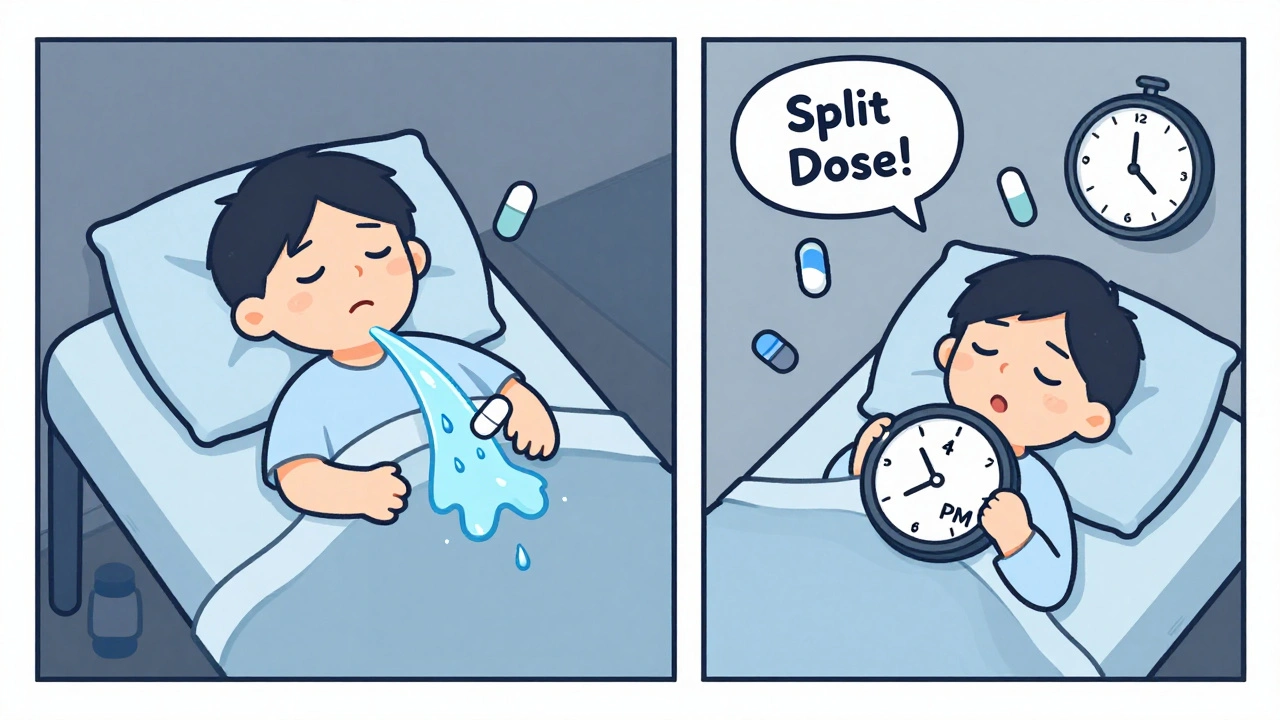 Patient at night with diuretic pills causing different urine flows, clock showing 3 AM.