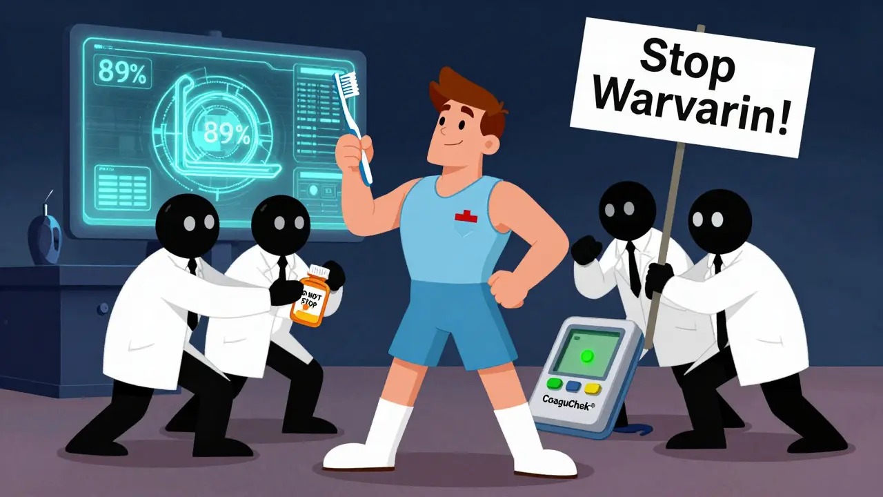 Patient confidently resisting outdated advice while modern dental tech supports safety