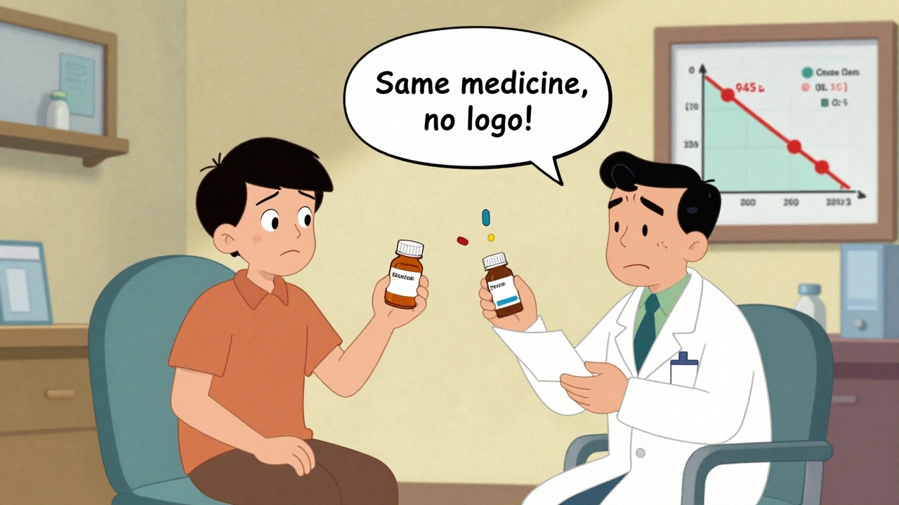 Patient confused as pill bottle transforms from branded to generic, pharmacist explaining in speech bubble.