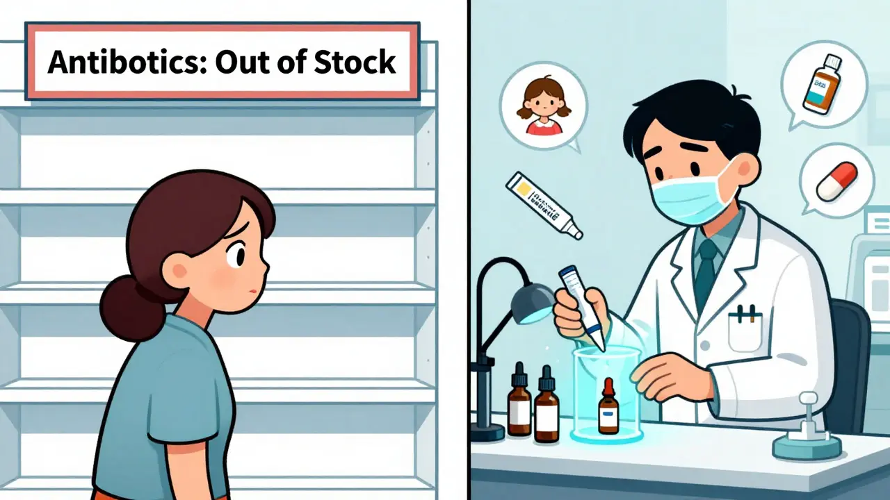 Patient faces empty drug shelf while pharmacist creates custom pain gel in lab.