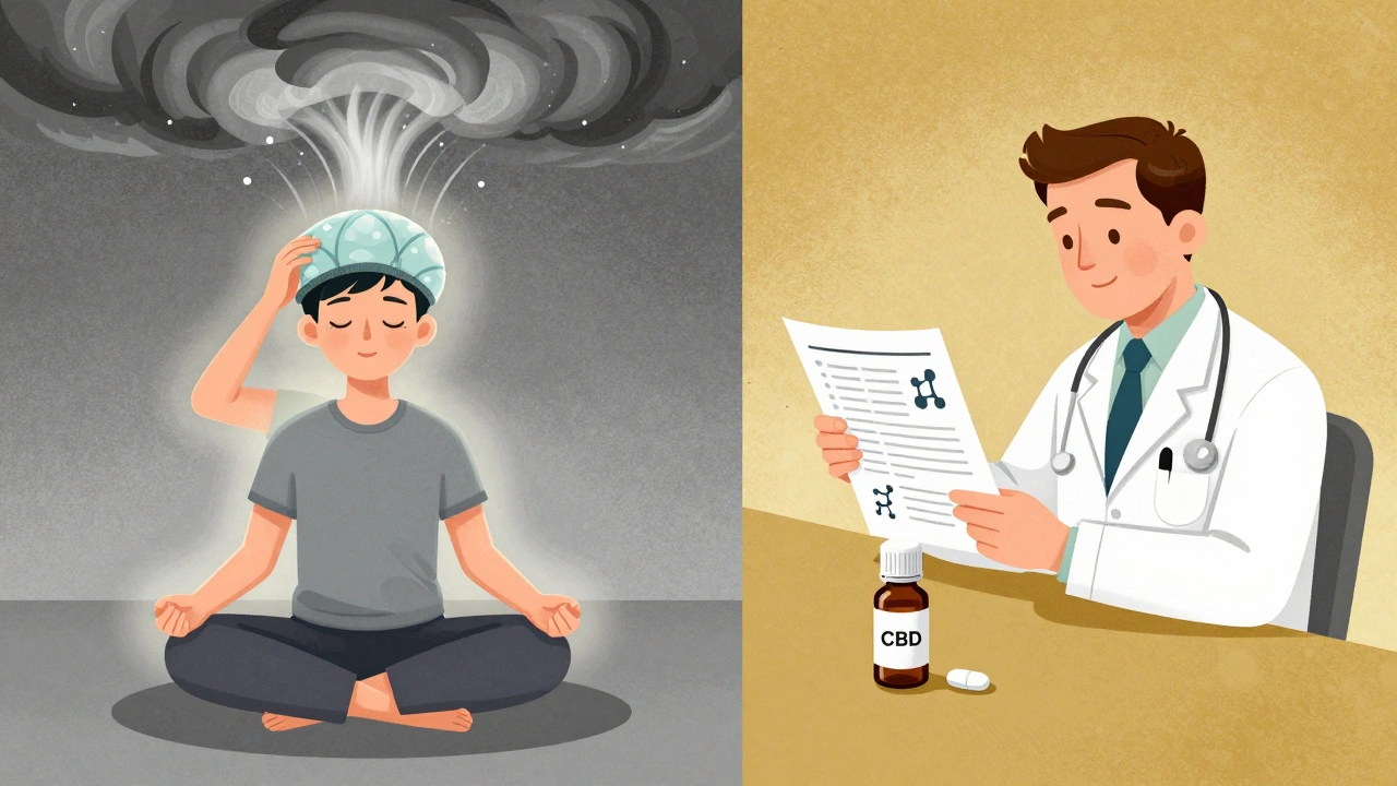 Patient meditating with cold cap while doctor reviews genetic chart, side effects vs. supportive care contrast.