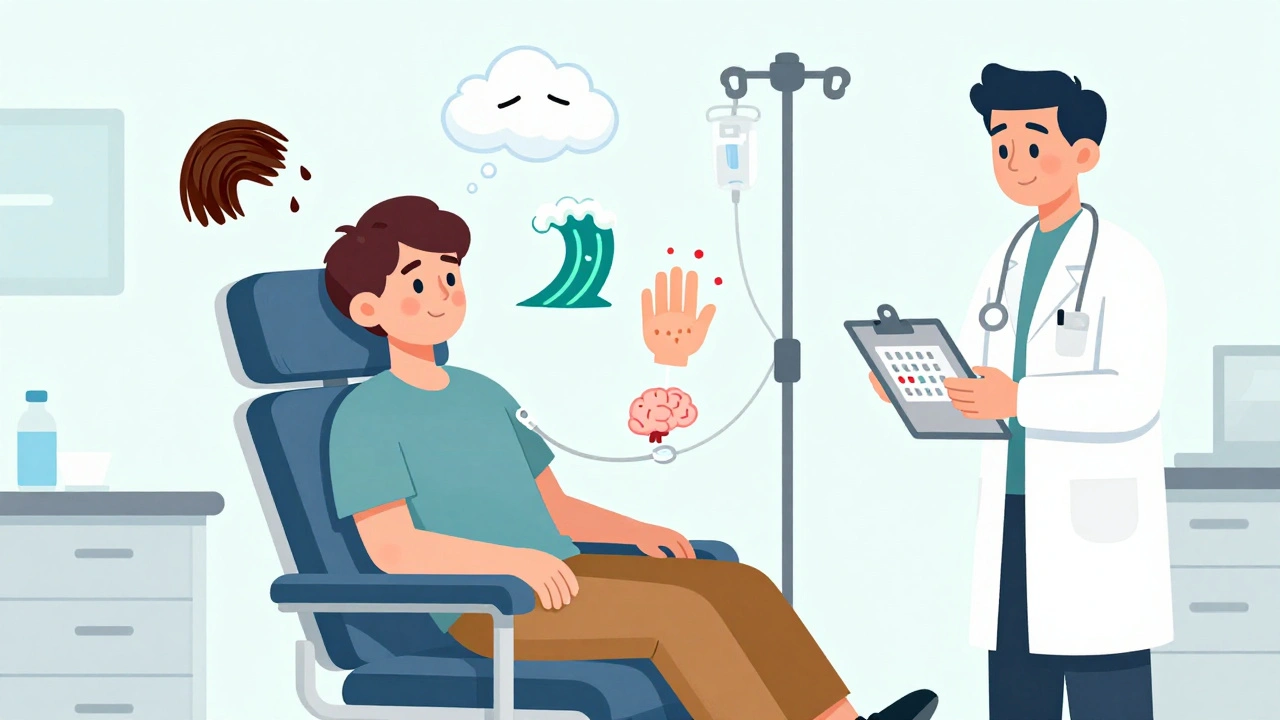 Patient receiving IV chemo surrounded by floating cartoon side effects like hair, fatigue cloud, and numb hand.