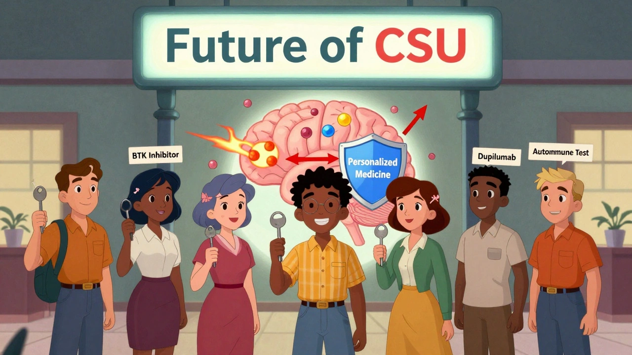 Patients holding keys to new CSU treatments under a &#039;Future of CSU&#039; sign, in UPA cartoon style.