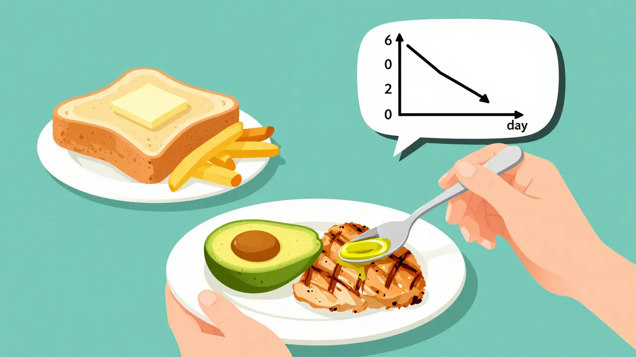 Person eating low-fat meal while avoiding fried foods and buttered toast.