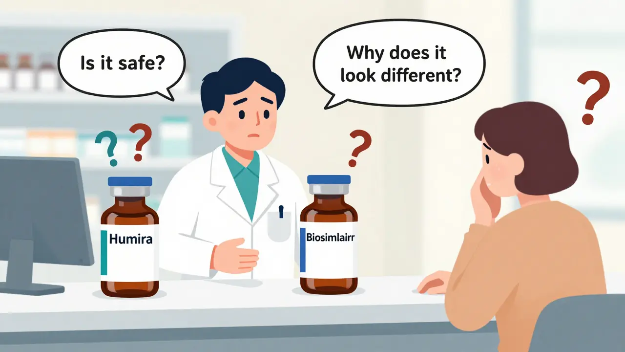 Pharmacist explaining biosimilar medication to a concerned patient with contrasting drug bottles.