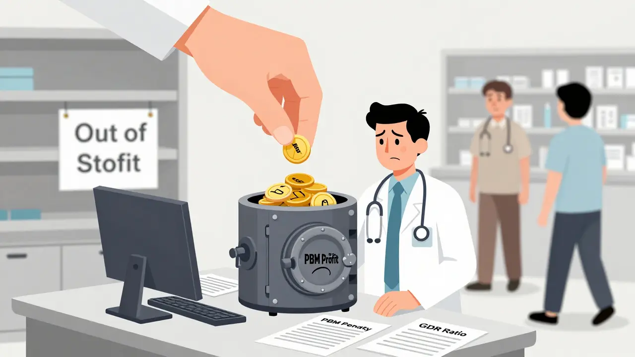 Pharmacist overwhelmed by PBM paperwork while rebates flow to a profit vault, patients walking away.