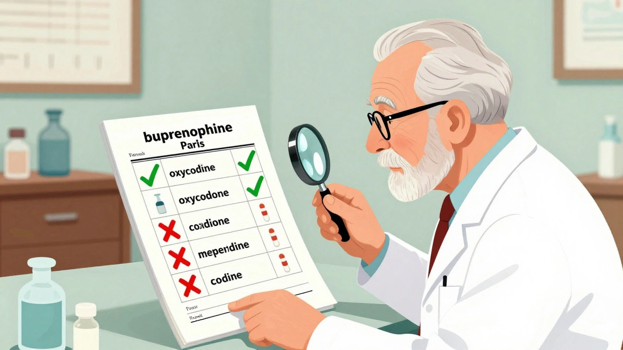 Pharmacist reviewing medication chart with green checks for safe opioids and red Xs for dangerous ones.